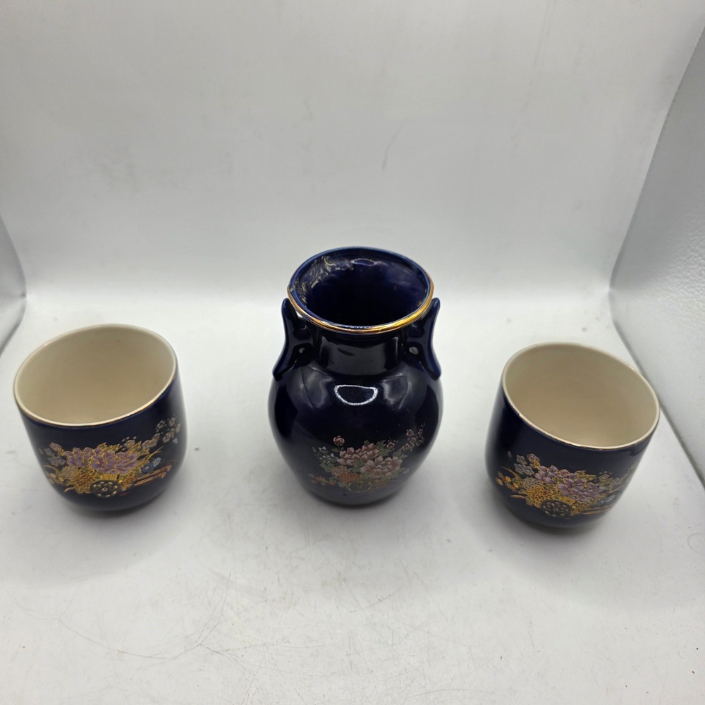 Vintage Kutani Japan Cobalt Blue Porcelain Vase Cups 3 Pc Floral Cart Gold